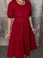 Kadın Kısa Kollu Yakası Açık Katlı Bürümcük Balon Elbise - Görsel 2