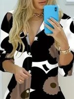 Kadın Yakalı önden Düğmeli çiçek Desenli Uzun Süprem Elbise - Görsel 3