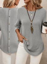Kadın Uzun Kollu Yuvarlak Yaka Arkadan Düğmeli Waffle Bluz - Görsel 3