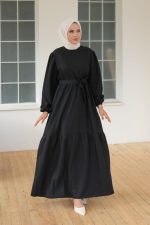 Kadın Uzun Kol Bisiklet Yaka Belden Bağlamalı Elbise - Görsel 2