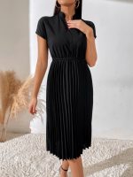 Kadın Kısa Kollu Hakim V Yakalı Pileli Janjan Krep Elbise - Görsel 2