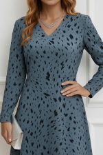 Kadın Uzun Kollu V Yakalı Desenli Kısa Keten Elbise - Görsel 2