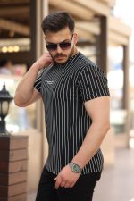 Erkek Dikey çizgili Ottoman Kumaş Kısa Kollu T-shirt - Görsel 2