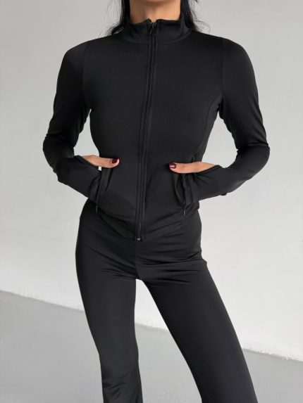 Kadın Balıkçı Yaka Cep Detaylı Ceket Ve Ispanyol Paça Spor Ikili Takım