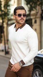 Erkek Renkli Yaka Manşet Uzun Kollu Triko