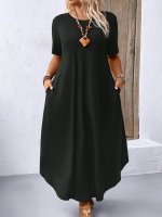 Kadın Kısa Kollu Bisiklet Yaka Cepli Salaş Viskon Elbise - Görsel 2