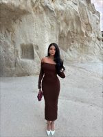 Kadın Uzun Kollu Madonna Yaka Midi Boy Elbise - Görsel 2