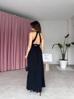 Kadın Krinkil Kumaş Beli Gipeli Halter Yaka Maxi Boy Elbise - Görsel 2