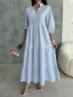 ÇİZGİLİ KETEN HAKİM YAKA DÜĞMELİ SALAŞ ELBİSE - Mavi - Görsel 2