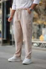 Erkek Beli Lastikli Keten Rahat Pantolon