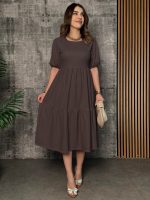 Kadın Kısa Kollu Yakası Açık Katlı Bürümcük Balon Elbise - Görsel 2