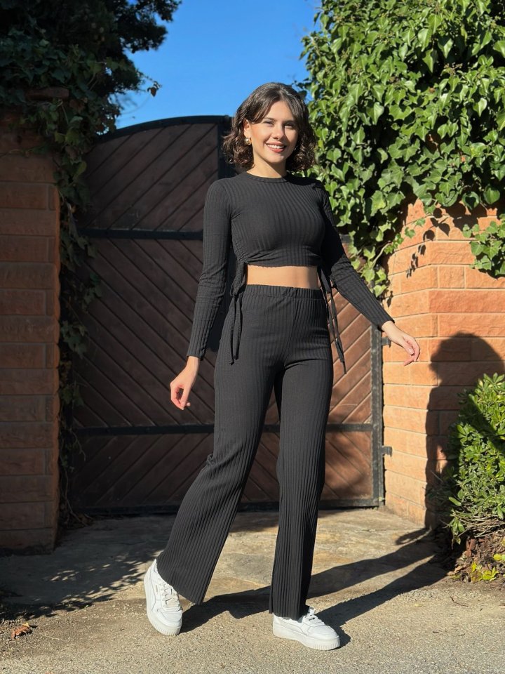 20547034ad45d5186077fa908c5831bc Kadın Yandan Bağlamalı Geniş Paçalı Fitil Kaşkorse İkili Takım - Görsel 1