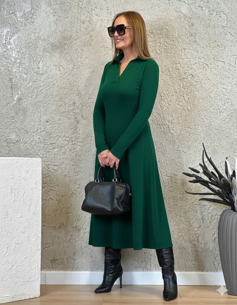 2103021a0321fd6d4e07 Kadın Uzun Kollu Yakalı Midi Viskon Iki Iplik Elbise - Görsel 1