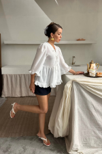 KETEN BLUZ ÖNDEN BAĞLAMALI FIRFIR DETAYLI - Beyaz - Görsel 3