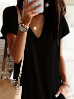 Kadın Kısa Kollu V Yakalı Cepli Kısa Viskon Elbise - Görsel 2