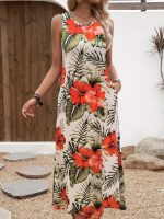 Kadın Askılı Yuvarlak Yaka Cepli Desenli Süprem Elbise - Görsel 3