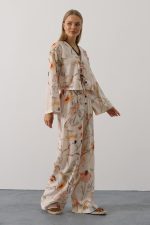Çiçek Desen Önü Bağlamalı Pantolon Takım - Taş - Görsel 3