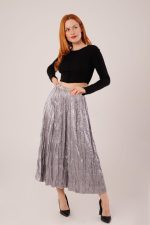 Midi Boy Pileli Saten Gri Etek - Görsel 3