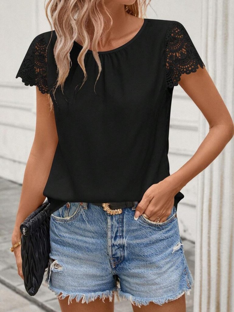 23badaaebf32ee484936 Kadın Kısa Dantel Kollu Bisiklet Yaka Sandy Bluz - Görsel 1