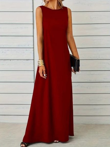 Kadın Kolsuz Kayık Yaka Maksi Janjan Krep Elbise