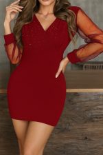 Kadın Uzun Kollu Kruvaze Yakalı Taşlı Mini Ithal Krep Elbise