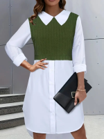 Kadın Uzun Kollu Gömlek Yaka çift Renkli Trikoton Elbise - Görsel 2