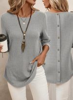 Kadın Uzun Kollu Yuvarlak Yaka Arkadan Düğmeli Waffle Bluz