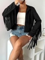 Kadın Uzun Kollu Yakalı Kısa Püsküllü Süet Ceket - Görsel 2