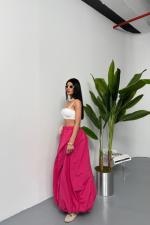 BEL LASTİKLİ BALON ETEK ŞANEL BOY SOFT KUMAŞ - Fuşya - Görsel 3