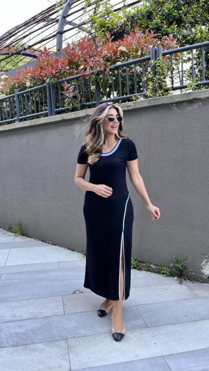 Kadın Yuvarlak Ribana Yaka Beyaz Yırtmaç Detaylı Viskon Tam Boy Elbise