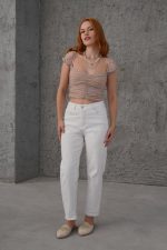 Puantiyeli Belden Oturtmalı Tül Krem Bluz - Görsel 3