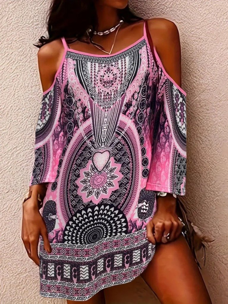 27827362d58030f43964 Kadın Askılı Omuzlardan Açık Truvakar Kol Desenli Kısa Süprem Elbise - Görsel 1