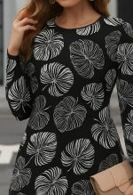 Kadın Uzun Kollu Bisiklet Yaka Desenli Kısa Krep Elbise - Görsel 2