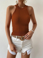 Kadın Kolsuz Halter Yaka Mini Baklava Desenli Triko Bluz - Görsel 3