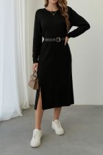 Kadın Uzun Kollu Bisiklet Yaka Yandan Yırtmaçlı Midi Triko Elbise - Görsel 3