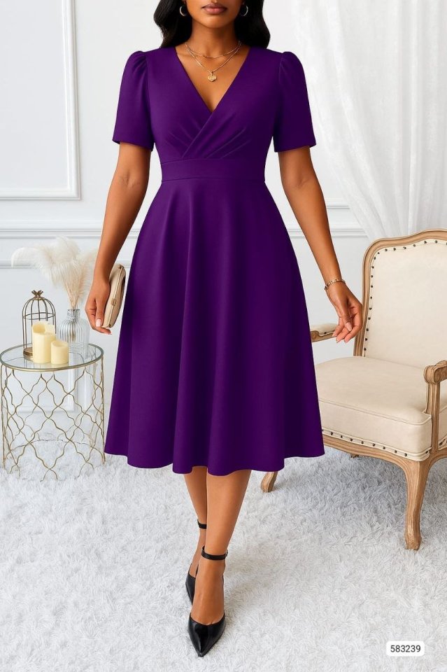 29161d4c6cda9573e1f88ba1d80c259b Kadın Kruvaze Yaka Kısa Kollu Midi Boy Krep Kumaş Elbise - Görsel 1