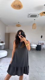 Kadın Bisiklet Yaka Eteği Volanlı Bürümcük Elbise - Görsel 2