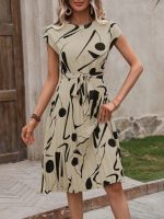 Kadın Kısa Yarasa Kollu Yuvarlak Yaka Beli Büzgülü Süprem Elbise - Görsel 3