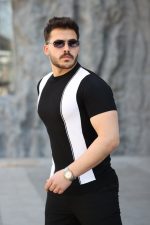 Erkek Viskon Kumaş Bisiklet Yaka çizgi Desenli Tişört - Görsel 2