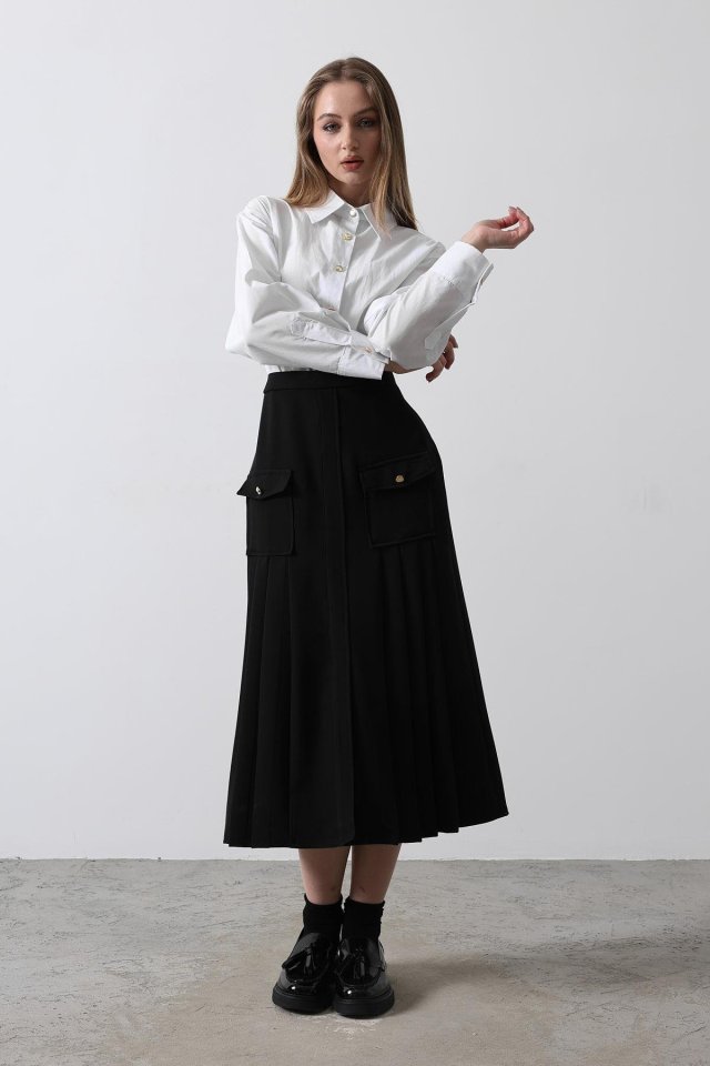 2a6b1e907db25a28479c Pileli Kontrast Gömlek Elbise - Beyaz - Görsel 1