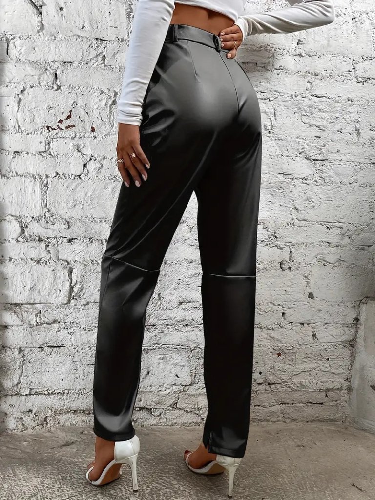 2a8e5863f6a6d06bf3b0 Kadın Yüksek Bel önden Düğmeli Deri Pantolon - Görsel 1