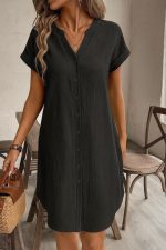 Kadın Kısa Kollu önden Düğmeli Ithal Keten Elbise - Görsel 3