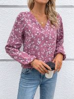 Kadın Uzun Kollu V Yakalı çiçek Desenli Modal Bluz