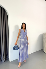 KETEN ÇİZGİLİ YELEK - UZUN ETEK TAKIM - Mavi - Görsel 2