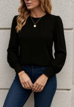 Kadın Uzun Kollu Bisiklet Yaka Pileli Ithal Krep Bluz