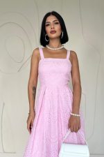 Pembe Askılı Aparatlı Brode Elbise - Görsel 2