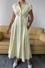 KOLSUZ VATKALI ÖNDEN DÜĞMELİBEL PENS DETAYLI POPLİN ELBİSE - Sarı - Görsel 2