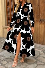 Kadın Yakalı önden Düğmeli çiçek Desenli Uzun Süprem Elbise - Görsel 2