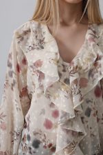 Volanlı Çiçek Desen Şifon Gömlek - Krem - Görsel 3