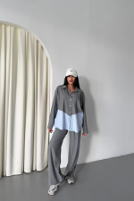 POLYVİSKON - POPLİN PARÇALI GÖMLEK PANTOLON TAKIM - Gri